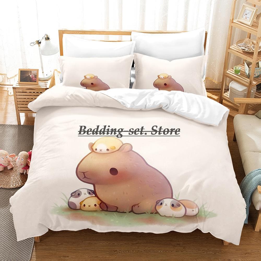 Kawaii Capybaras Bedding Set Single Twin Full Queen King Size Bed Set Aldult Kid Bedroom Duvetcover Sets 3D Anime Bed Sheet Set EU single(135x200cm)
