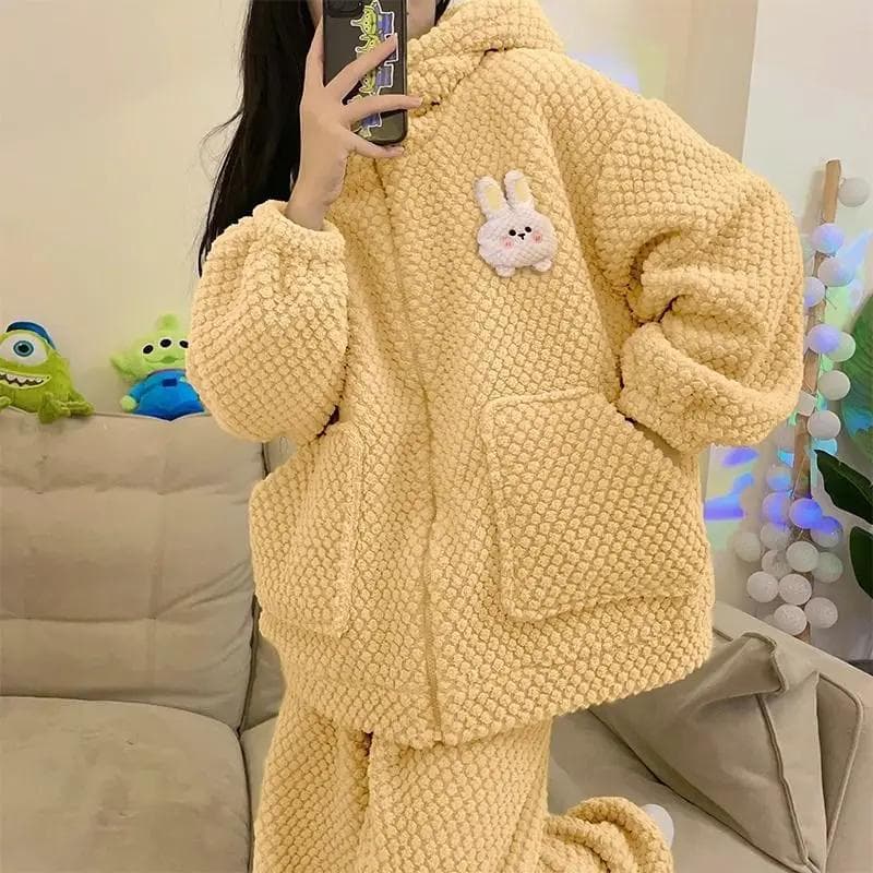 Coral Velvet Pajamas Winter Women Flannel Thickened Fleece Lined Cute Nightclothes Female Hooded Solid Color Zipper Homewear 2XL
