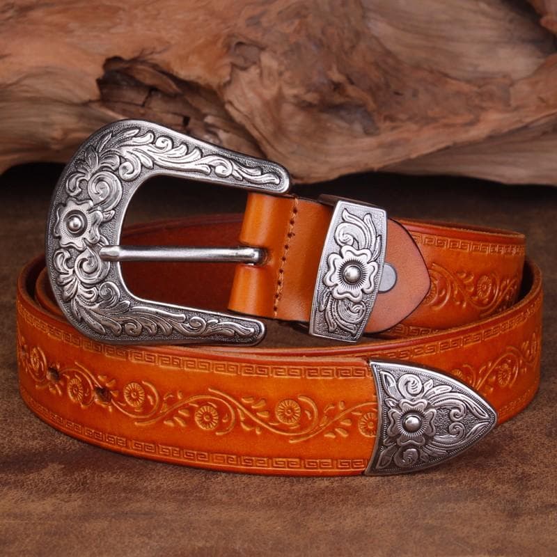 High Quality Court Style Embossed Western Cowboy Steel Buckle Belt Genuine Leather Designer Men Belt Punk Jeans Belts For Men 115cm yellow