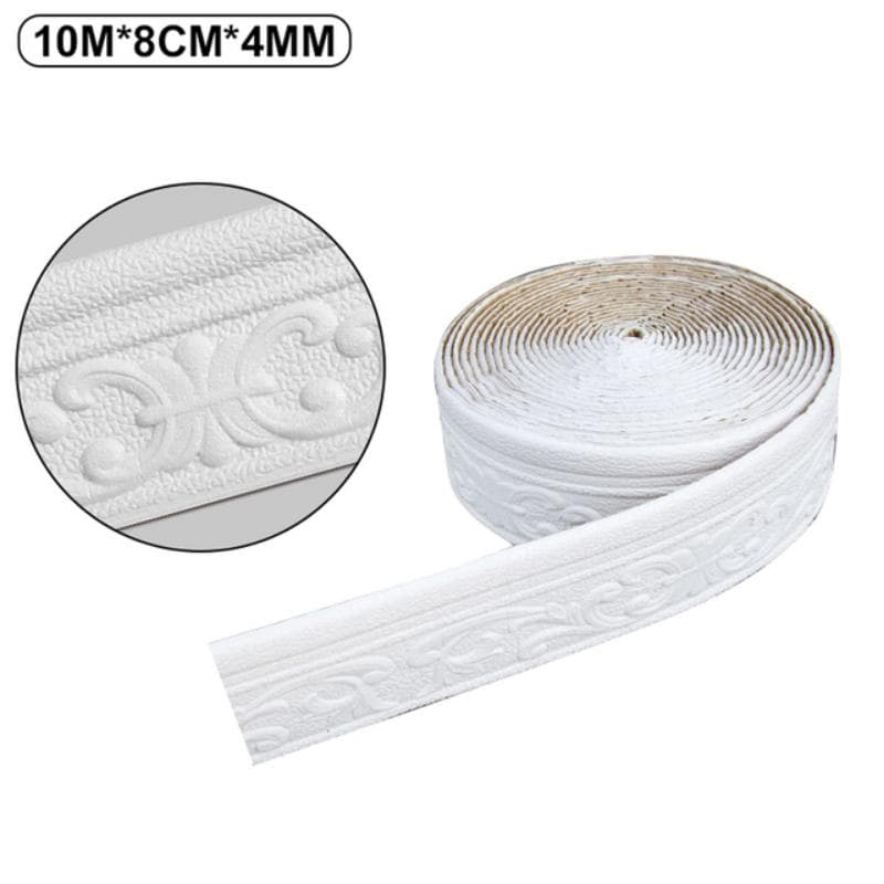 10M 3D Self-adhesive Wall Trim Line Skirting Border Waterproof Baseboard Wallpaper Sticker for Living Room Home Decoration 10M*8CM white