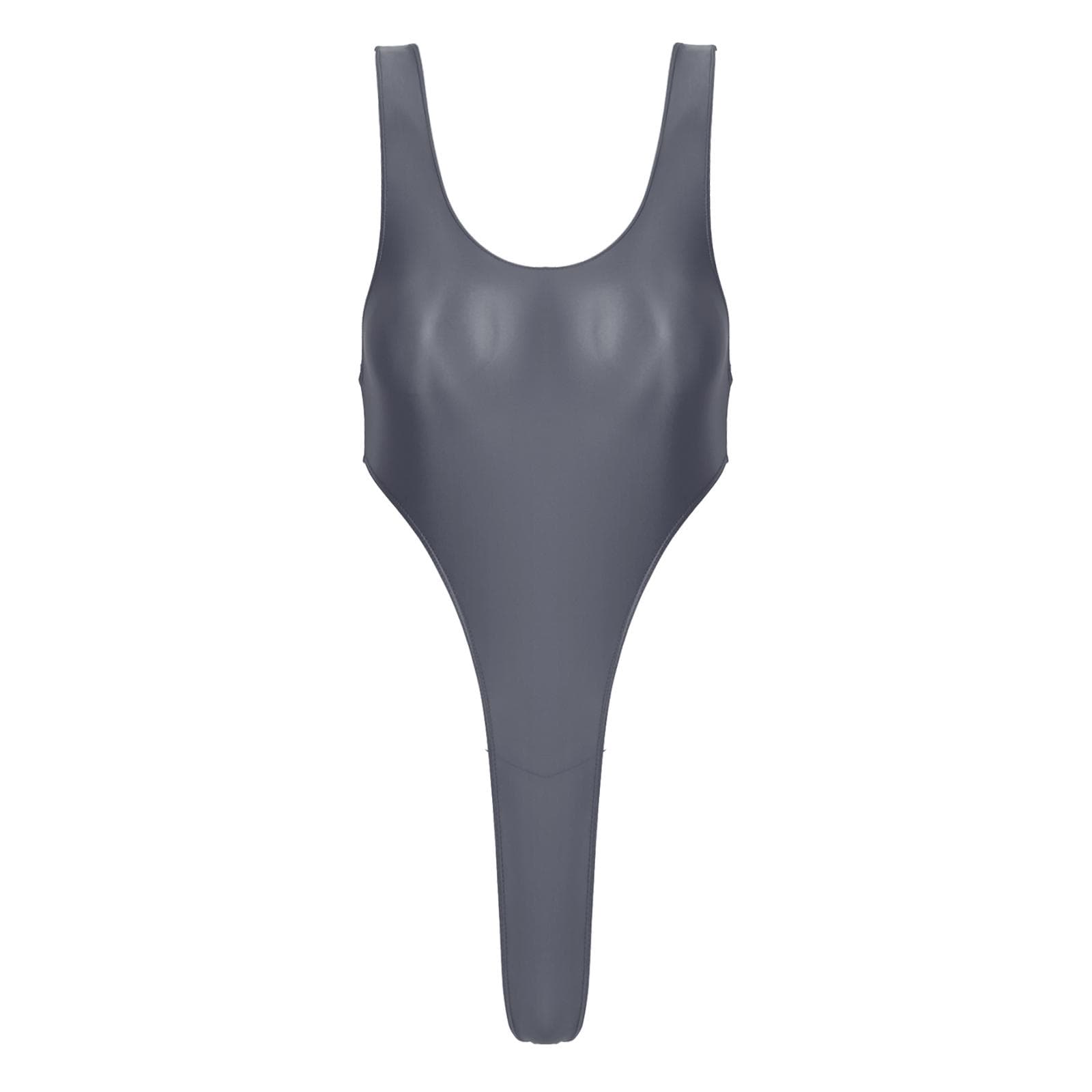 Womens Backless One Piece Swimsuit in Glossy Fabric with High Cut Leg Design for Beach or Pool Parties L grey