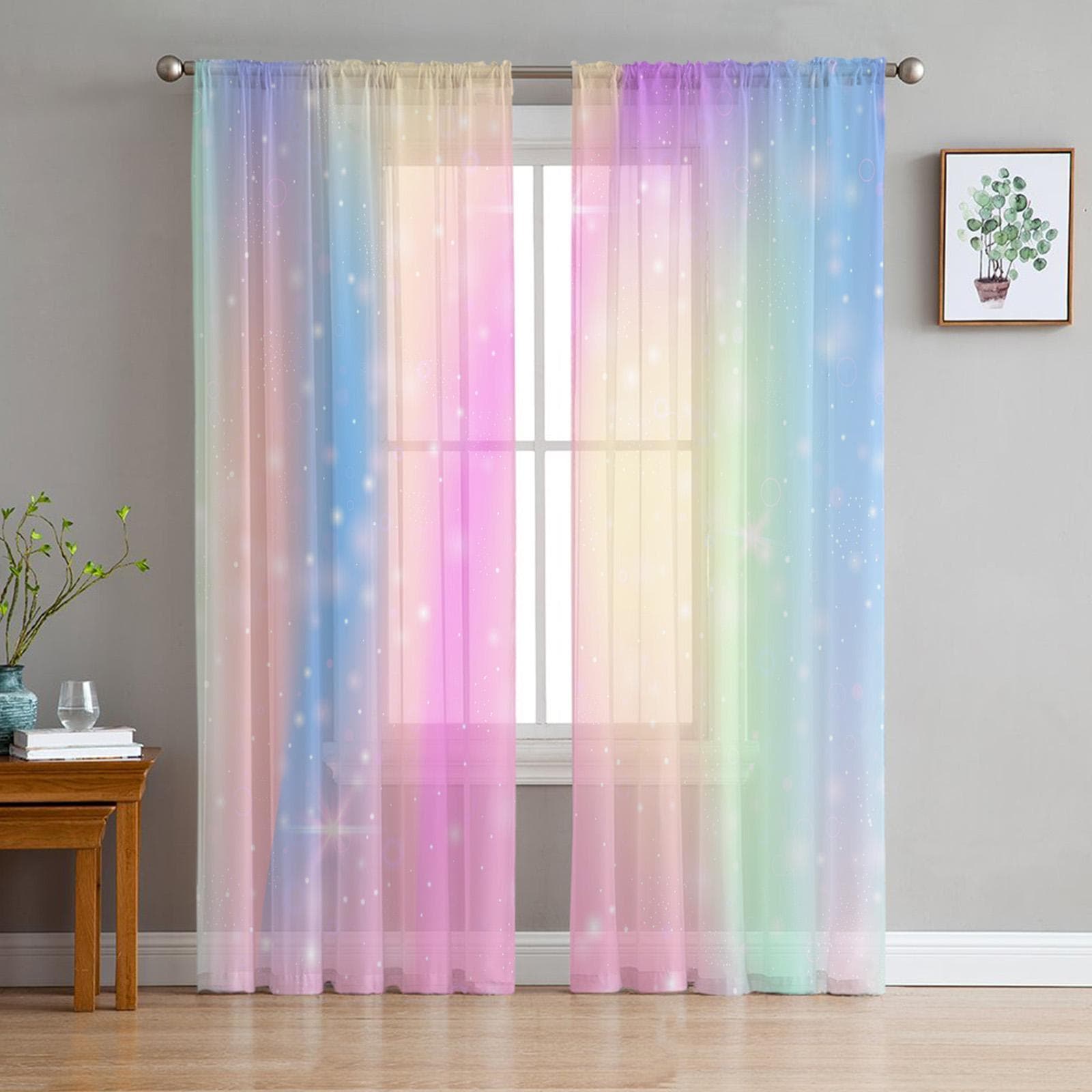 Bedroom Sheer Curtains Rainbow Metal Glitter Living Room Kitchen Window Curtains Garden Terrace Balcony Bedroom Sheer Curtains 135W x 114H(cm)