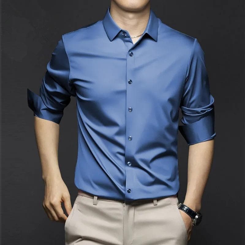 New Stretch Anti-Wrinkle Men's Shirts Long Sleeve Dress Shirts for Men Slim Fit Social Business Blouse White Shirt 6XL 4XL blue