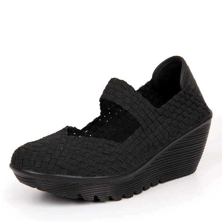 Women Summer Platform Woven Shoes Ladies Middle Chunky Heel Wedge Beach Sandals Casual Stretch Fabric Hollow Out Loafers Fashion 38 black
