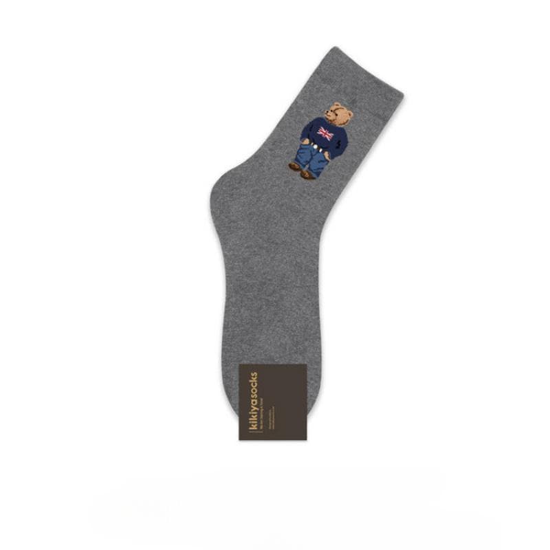 Cartoon Gentleman Bear Men's Socks Cotton Harajuku Style Sport Skateboard Novelty Breathable Christmas Gift dark gray