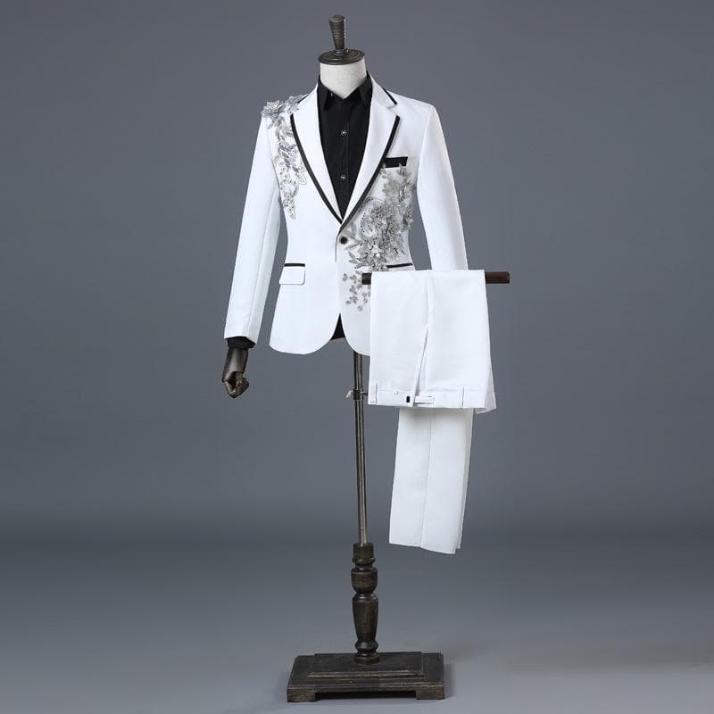 Elegant Appliqued Mens Suits Slim Fit 2 Piece Formal Tuxedo Suits Blazer Pants with Bow Tie for Wedding Prom XL white