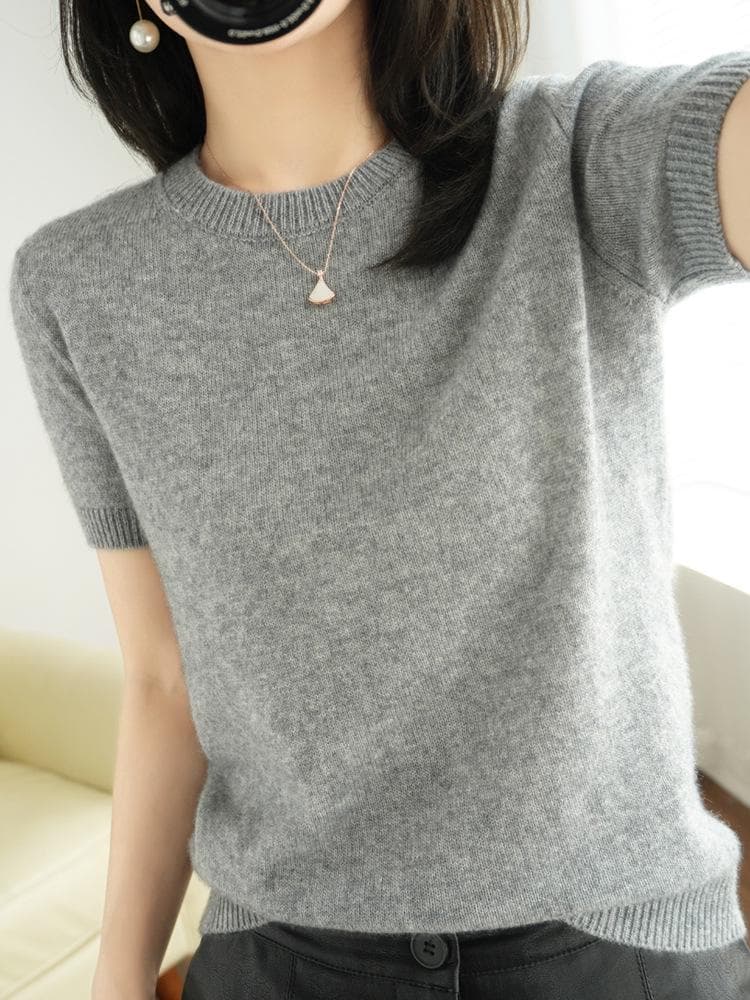 Women's Short-Sleeve Knit Pullover - Round Neck, Loose Fit for Spring & Autumn L