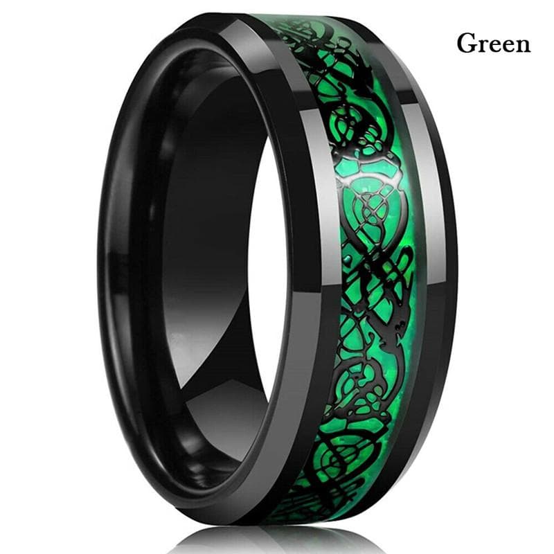 8 Colors 8mm Men's Stainless Steel Dragon Ring Inlay Red Green Black Carbon Fiber Ring Wedding Band Jewelry Size 7-12 8 green