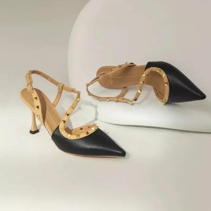 Stiletto Heel Ladies Pointed Toe Slingback Shoes Pink Rivet Pumps For Women Summer Office Shoes Black High Heels Zapatos 42 black