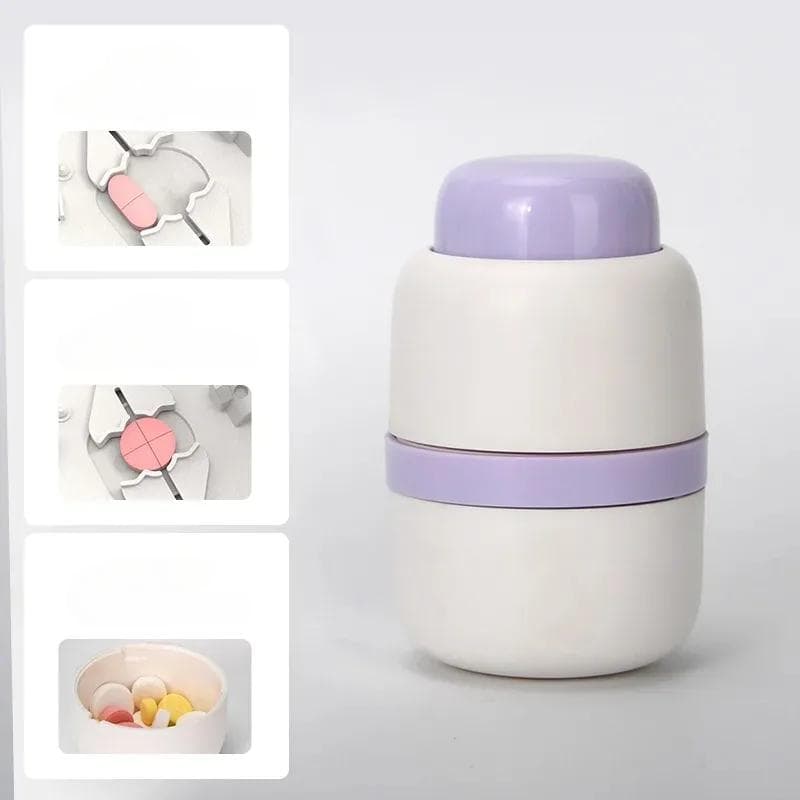 Portable 2-in-1 Pill Box With Pill Cutter For Cutting Small Pills Or Large Pills In Half & Quarter, Travel Pill Organizer Case purple