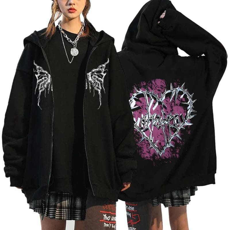 Gothic Style Heart Print Hoodies Women Fleece Zipper Hoodie Harajuku Streetwear Sweatshirts Loose Casual Y2K Zip Up Jacket L