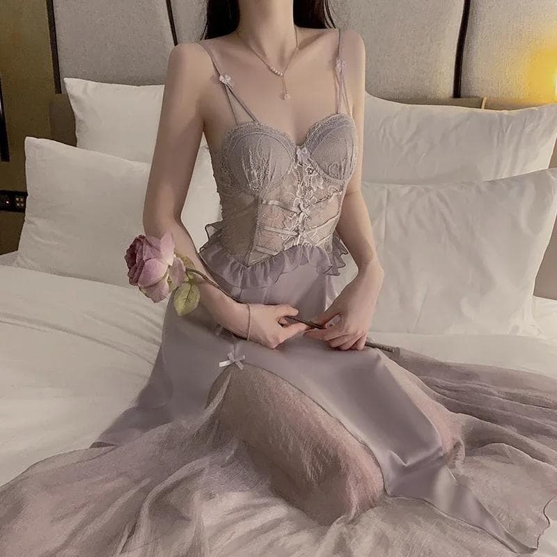 See-through Sexy Nightgown for Women with Breast Padded Suspenders, Long Home Silk Pajamas for Women L