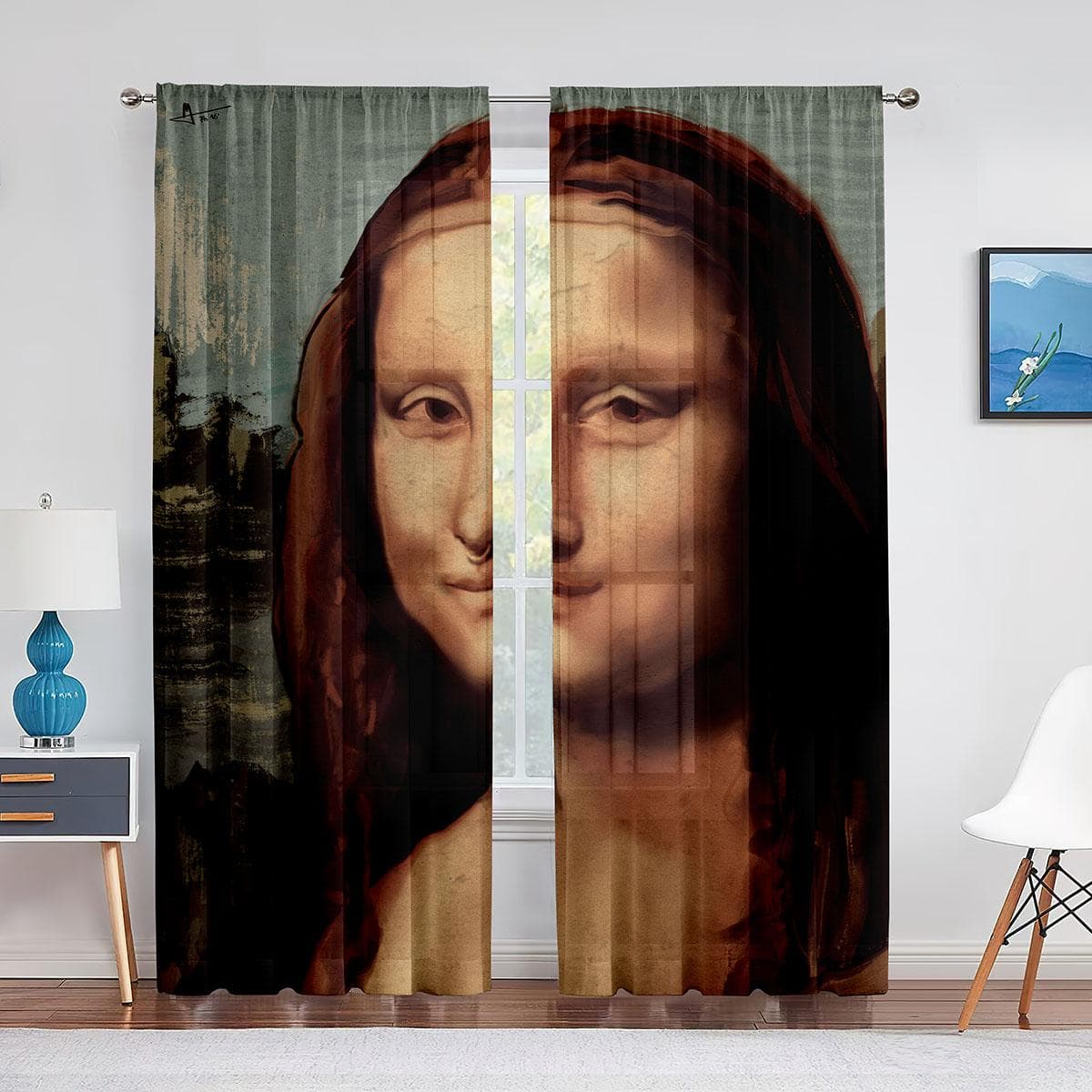 Mona Lisa and Funny Kittens Painting Tulle Curtain for Bedroom Window Curtain Luxury Cafe Hotel Decor Living Room Sheer Drape 1 PCS W400XH250cm&Rod Pocket
