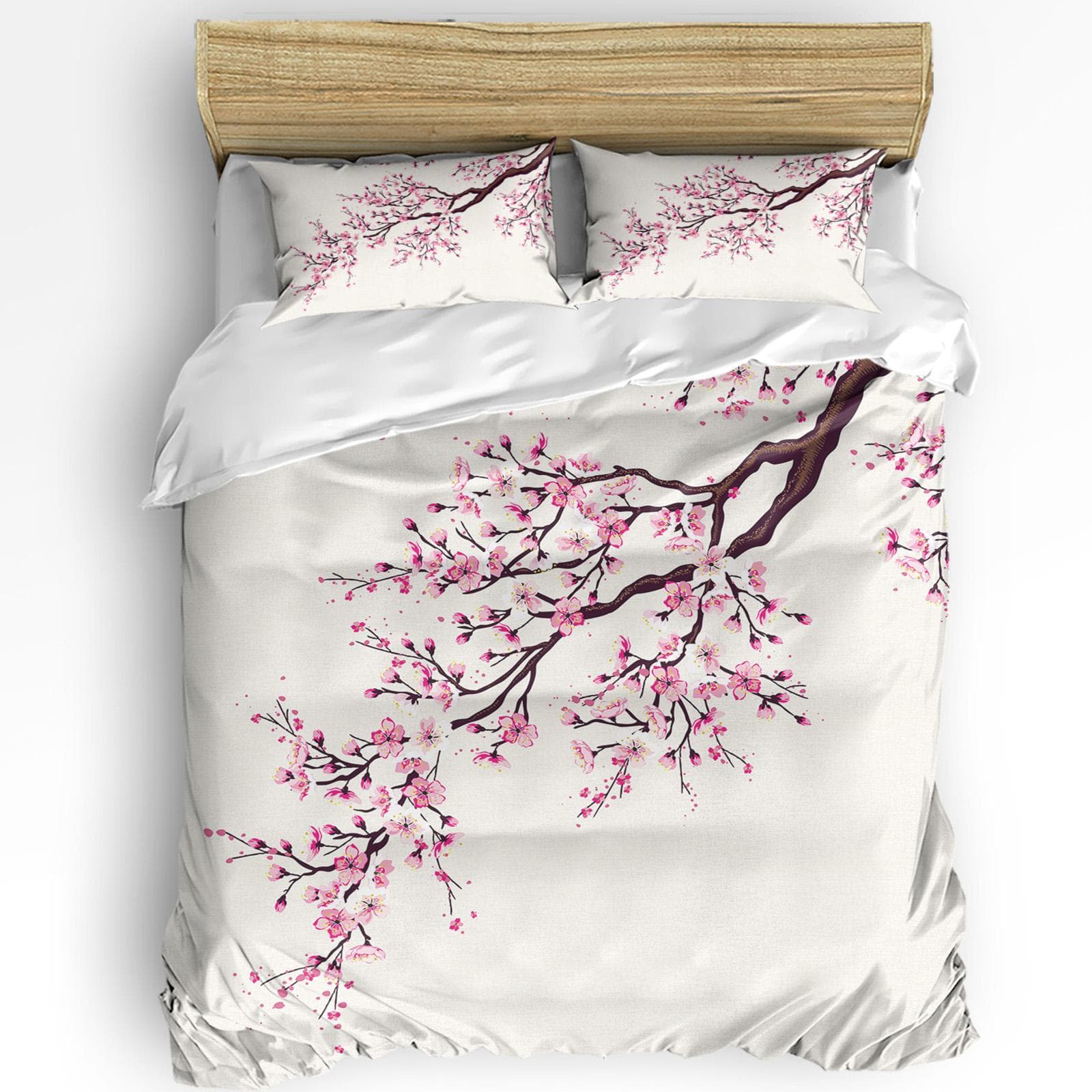 Japanese Style Sakura Cherry Blossom Pink Flower 3pcs Bedding Set For Double Bed Home Textile Duvet Cover Quilt Cover Pillowcase EU King(240x220cm)