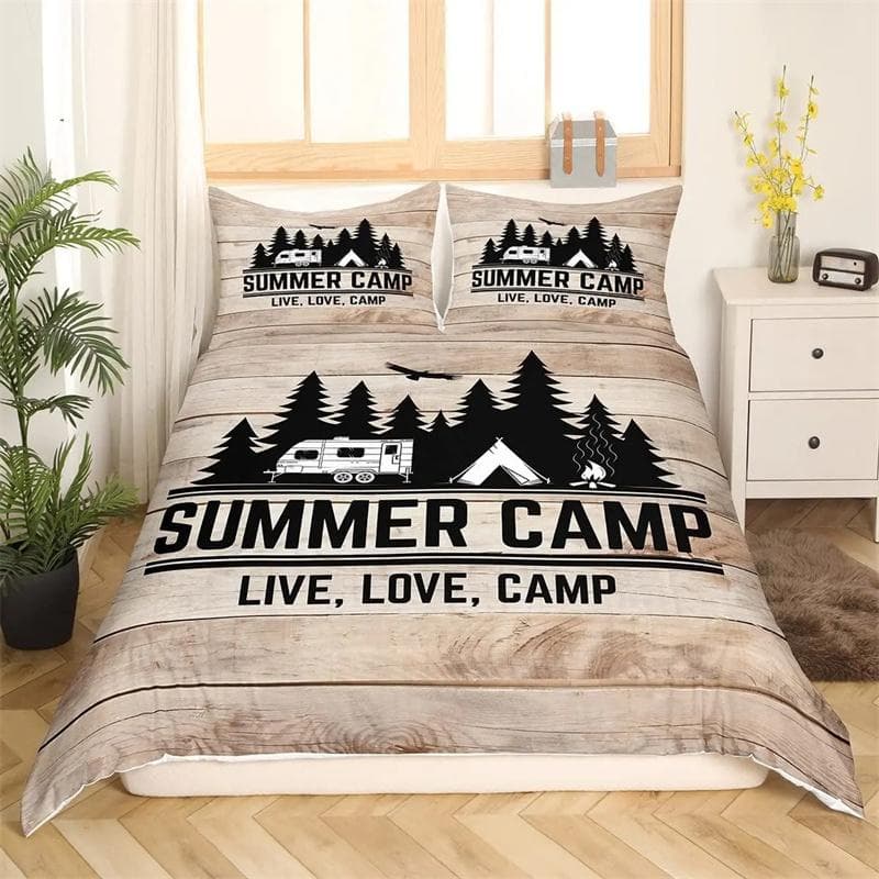 Happy Camping Comforter Cover King, Summer Camping Decoration Bedding For Boy Teens Family, Beach Vacation Style Duvet Cover Set 135x200cm 2pcs