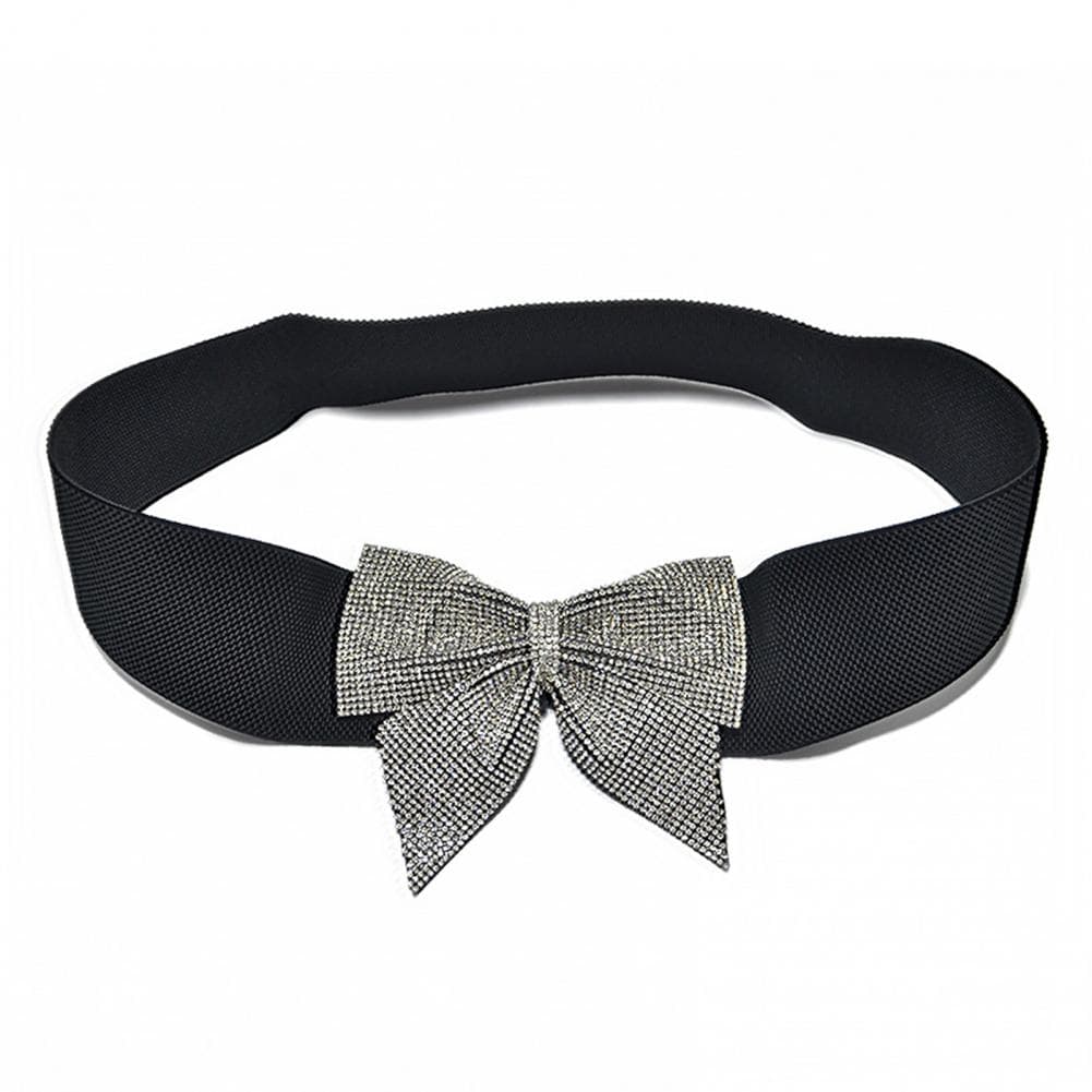 Women Casual Belt Elastic Waistband Snap Button Closure Waistband Shiny Rhinestones Bowknot Decor Belt