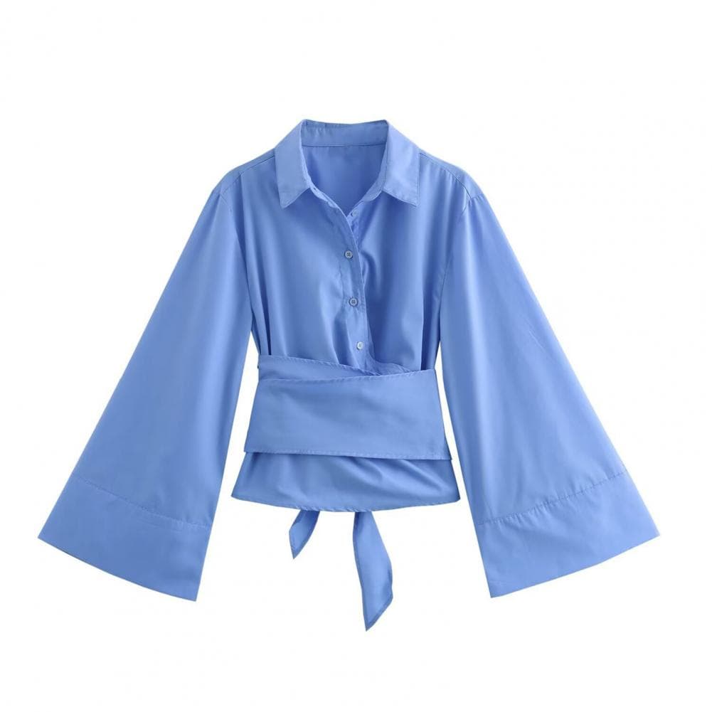 Women Shirt Lapel Long Sleeve Lace-Up Button Placket Casual Commuting Style Shirt Top Solid Color Work Tops S blue