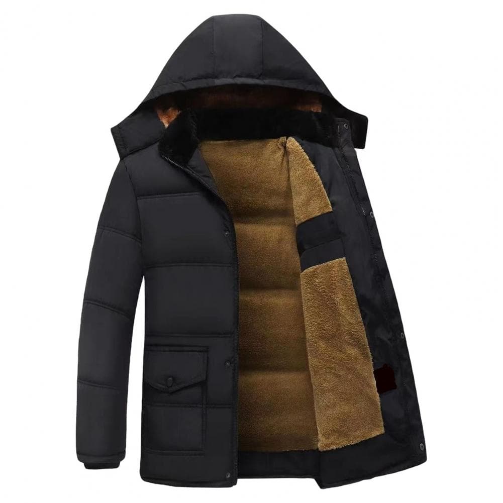 Men Down Jacket Hooded Long Sleeve Zipper Closure Jacket with Pockets Solid Color Plush Lining Windproof Thickened Down Coat XXXL brown