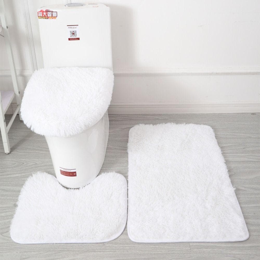 3pcs/set Fluffy Hairs Toilet Lid Cover Rugs Solid Color Shower Carpets Sets Shower Room white