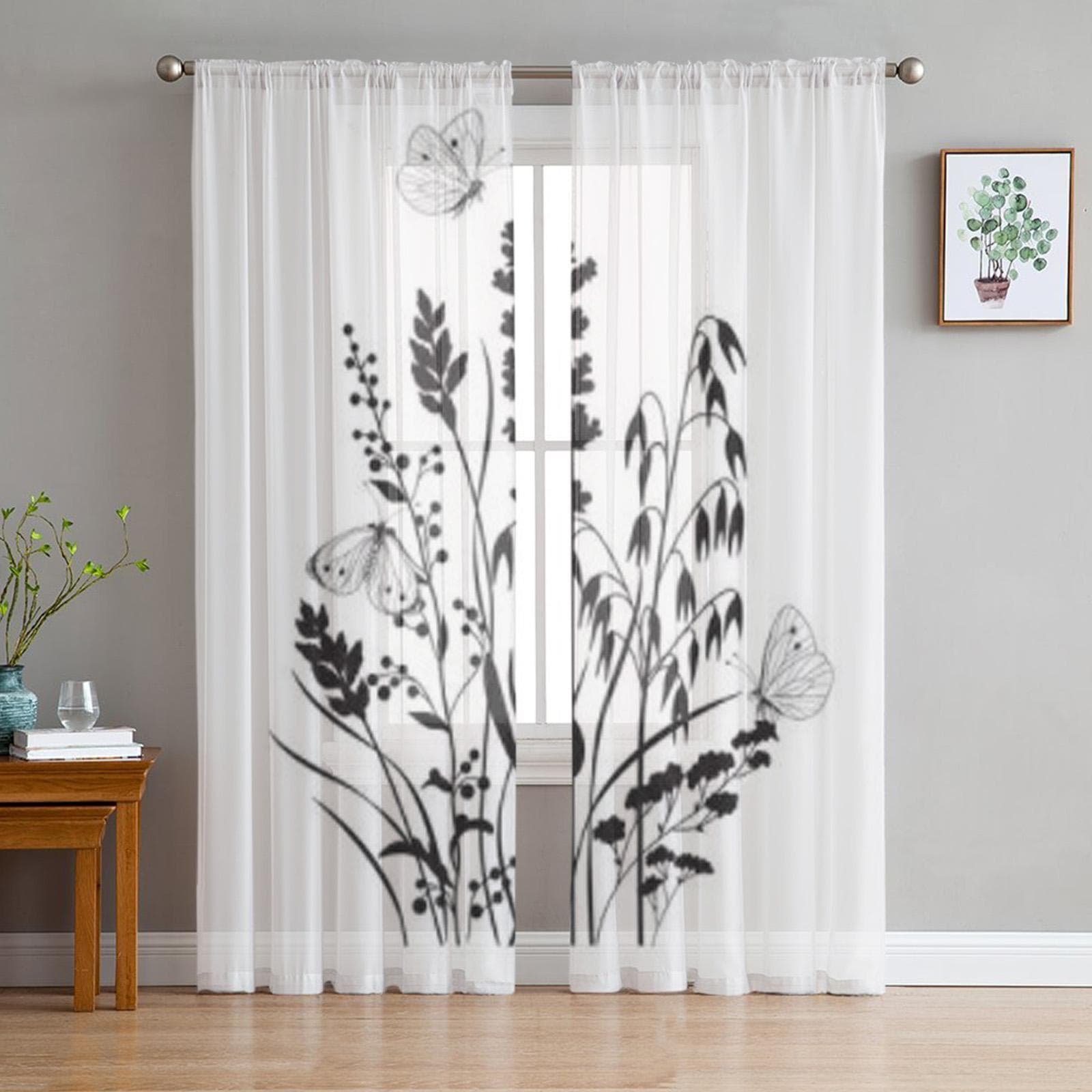 Butterflies And Wild Flowers Sheer Curtain For Living Room Bedroom Voile Curtains For Window Organza Curtains Party Tulle Drapes 135W x 114H(cm)