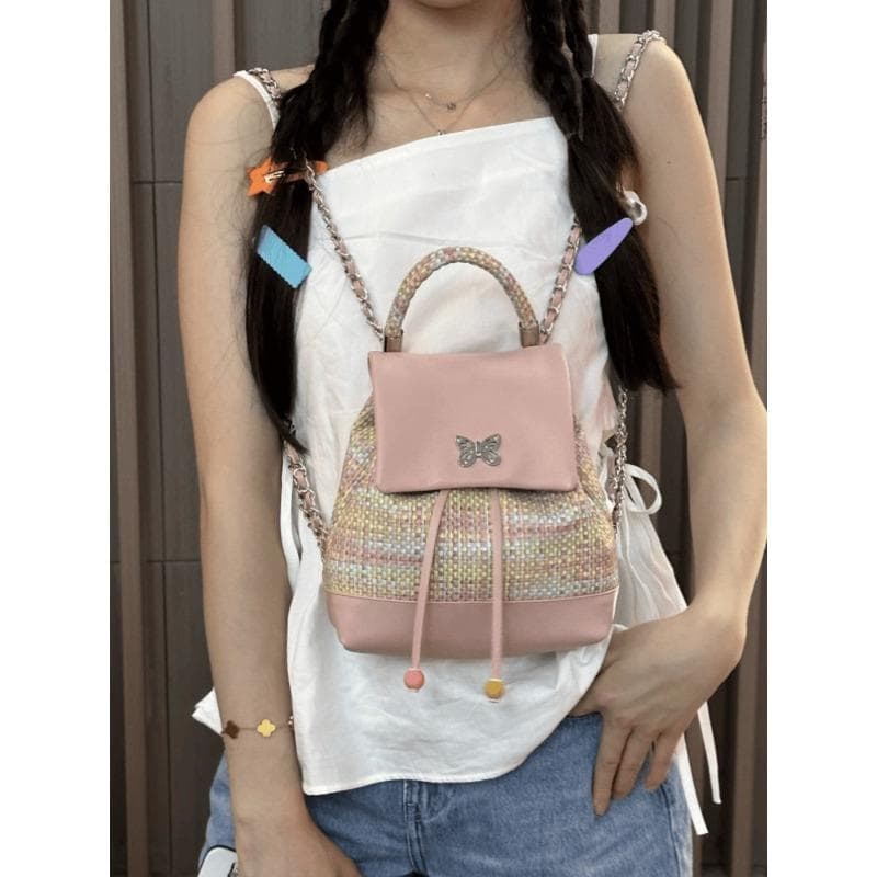 Chain Backpack, Sweet and Cool Girl, Matte Leather, High-end Silver Backpack Girl pink