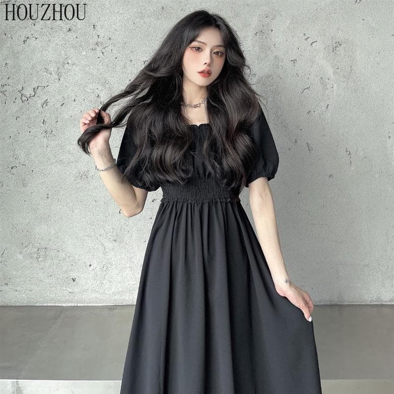 HOUZHOU Black Short Sleeve Dress Women Sweet Kawaii Summer High Waist Korean Elegant Square Collar Midi Dress S black