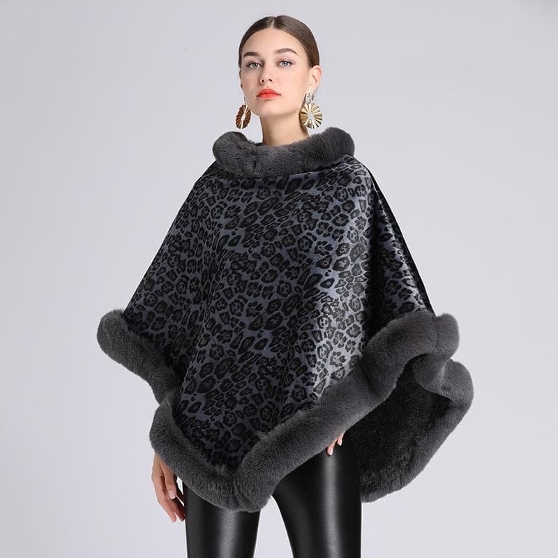 Vintage Knit Faux Fur Trim Poncho Leopard-Print Sleeveless Coat Women Winter Thicken Lining Pullover Wraps Cloak Warm Shawl for Female One size gray