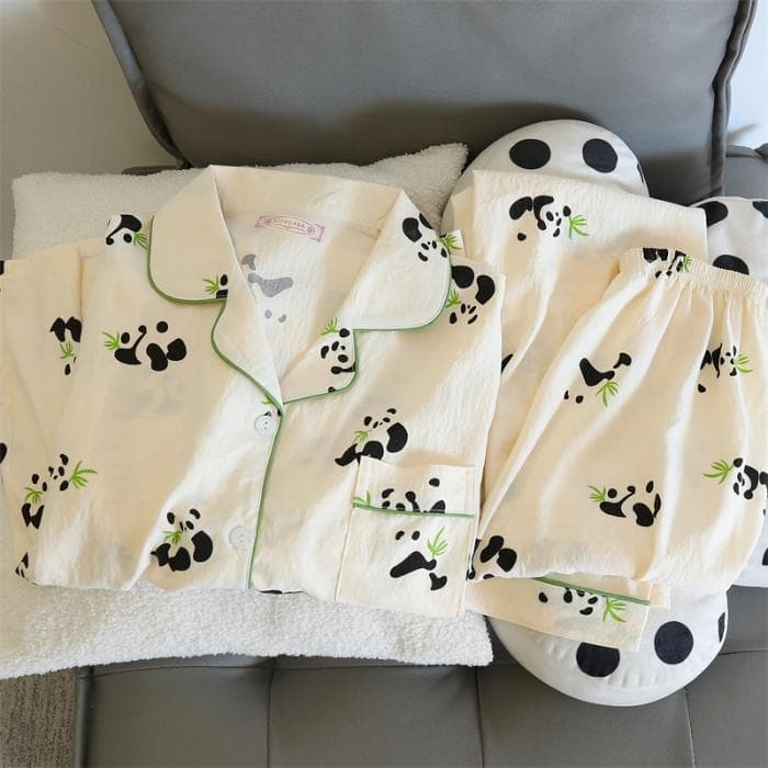 Print Cute Panda Women's Pajamas Set Autumn Spring Sleepwear Long Sleeve Tops and Pants Pajama 2 Piece Suit Nightwear Loungewear M