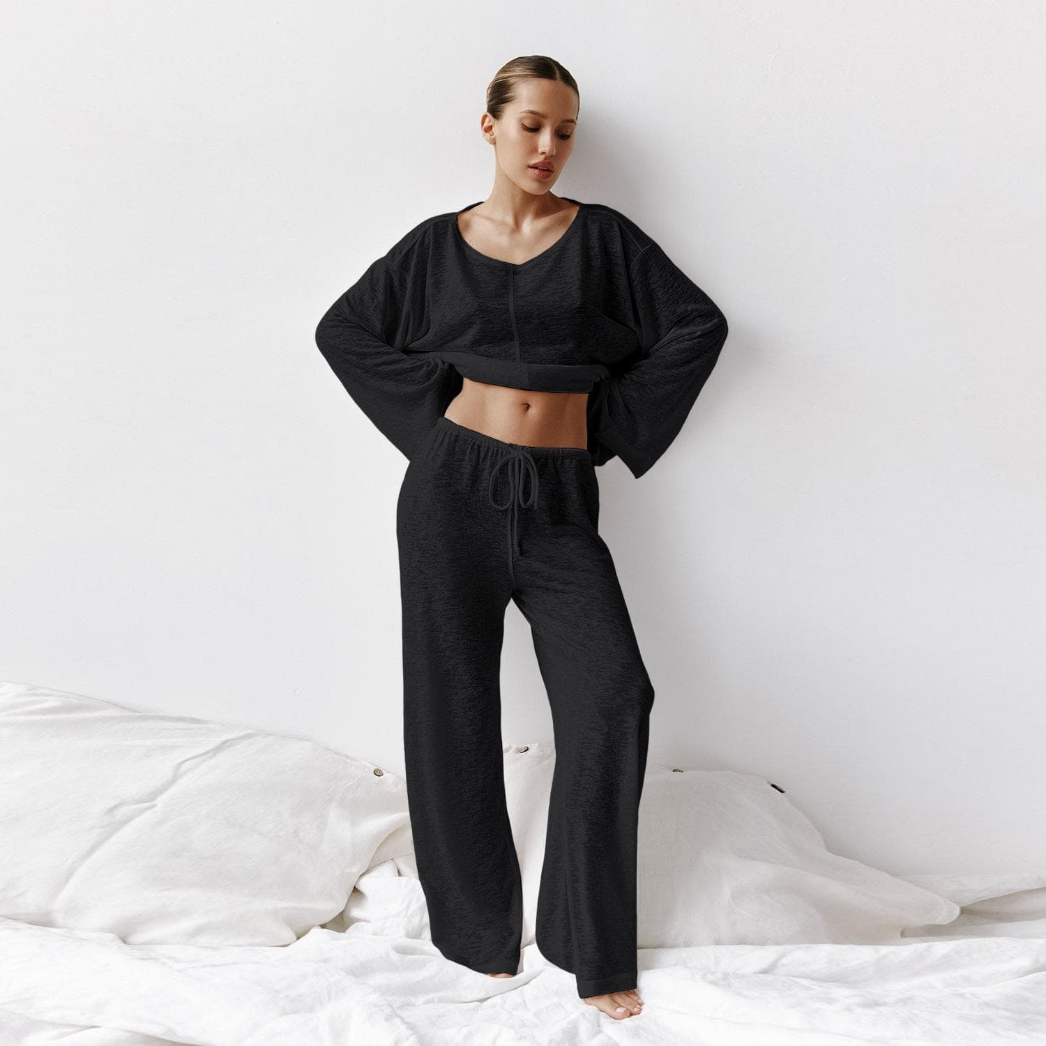 Transparent Loose Sleepwear Women's Home Clothes Round Neck Two-Piece Set Long Sleeve Drawstring Home Suit for Women Sets S black