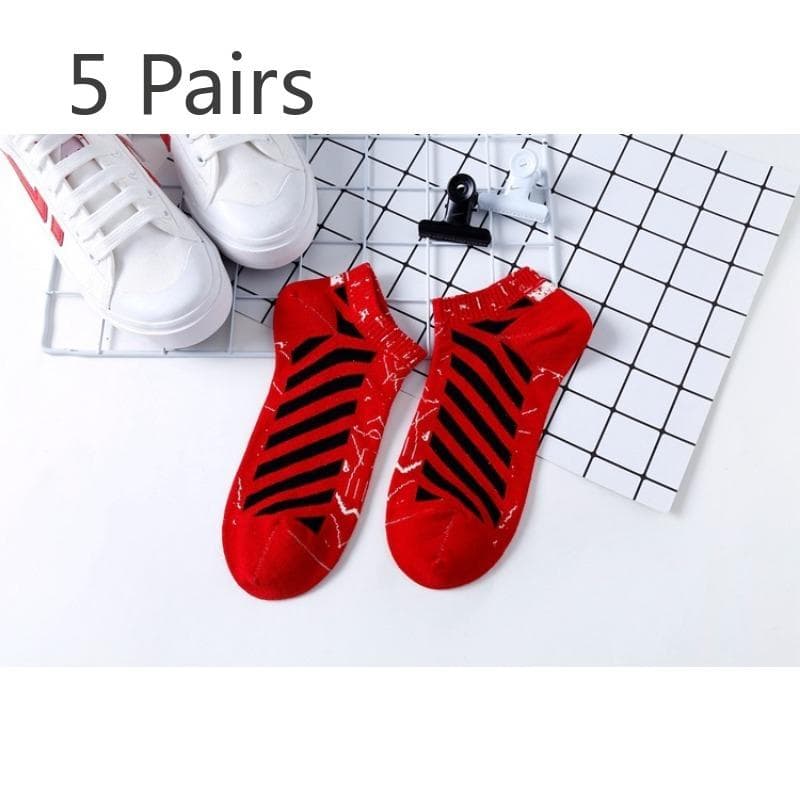 5 Pairs of Socks Men's Striped Boat Socks Women's Summer Thin Cotton Sweat-absorbing Low-top Short Shallow Invisible Tide Socks 5 pairs red