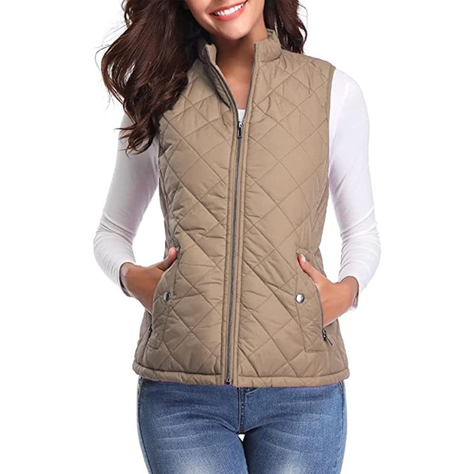 Women's Fashion Casual Solid Color Stand Collar Zipper Pocket Warm Cotton Vest Coat XXL khaki