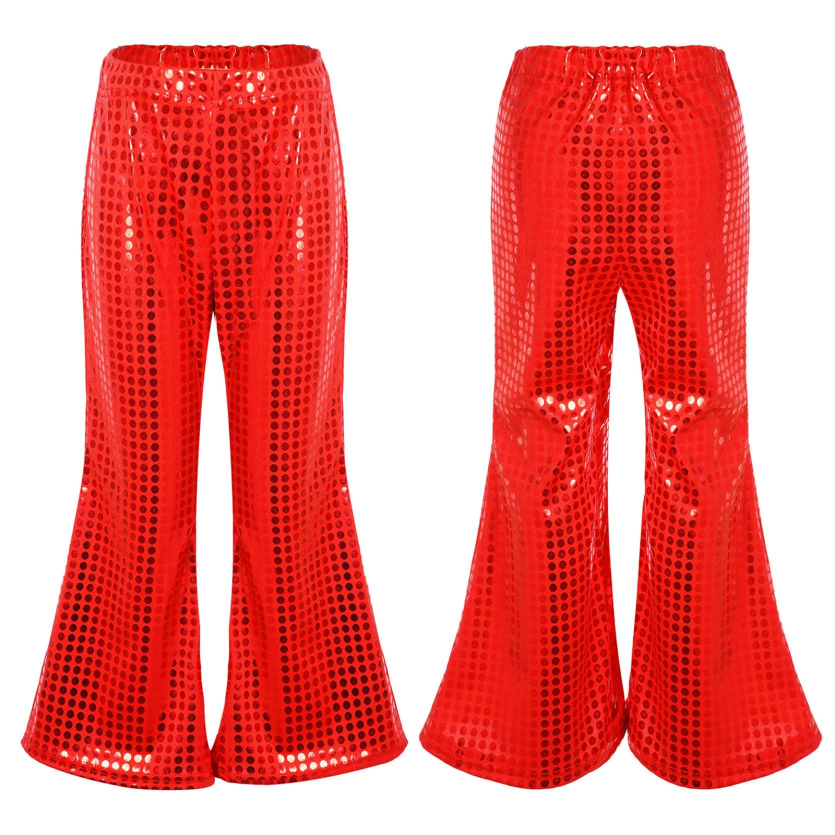 Kids Flared Pants Boys Girls Shiny Sequins Elastic Waist Bell BottomTrousers for Jazz Disco Modern Dance Stage Performance Pants 9-10 Years red
