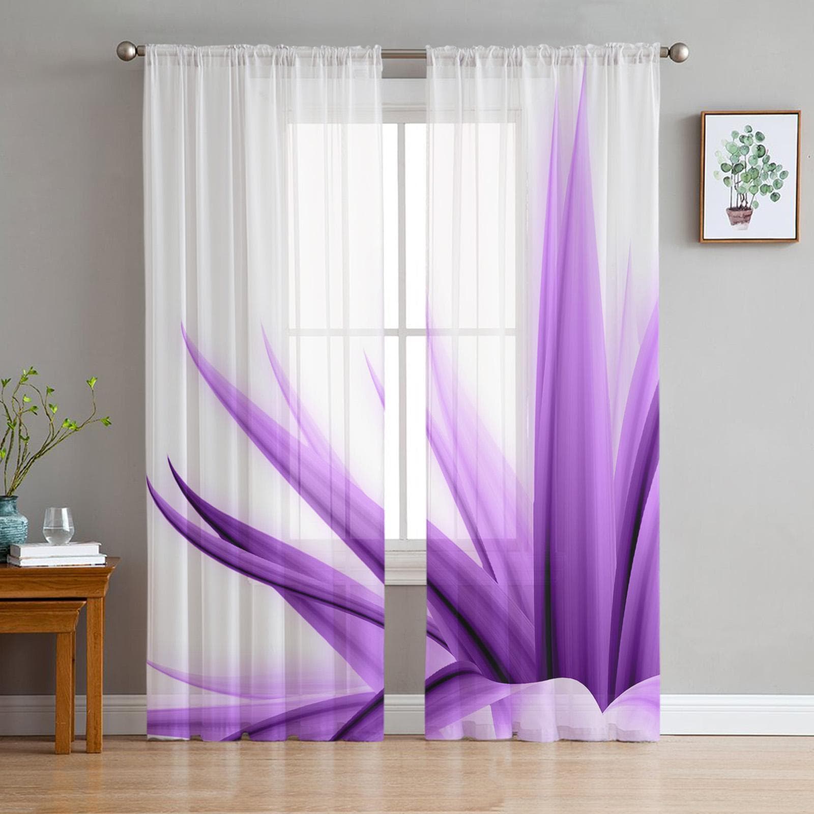Lilac Purple Spring Wood Board Tulle Curtains For Living Room Bedroom Voile Curtain Home Decoration Sheer Balcony Door Curtain 135W x 114H(cm)