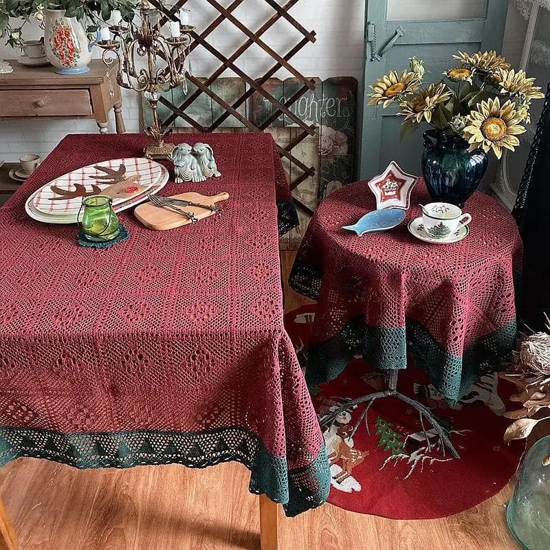 Cotton Thread Hollowed Out Red Green Table Flags Green Lace Edge Decorative Tablecloth Crochet Plaid Pattern Dust Proof Cloth 45x180cm 1pcs