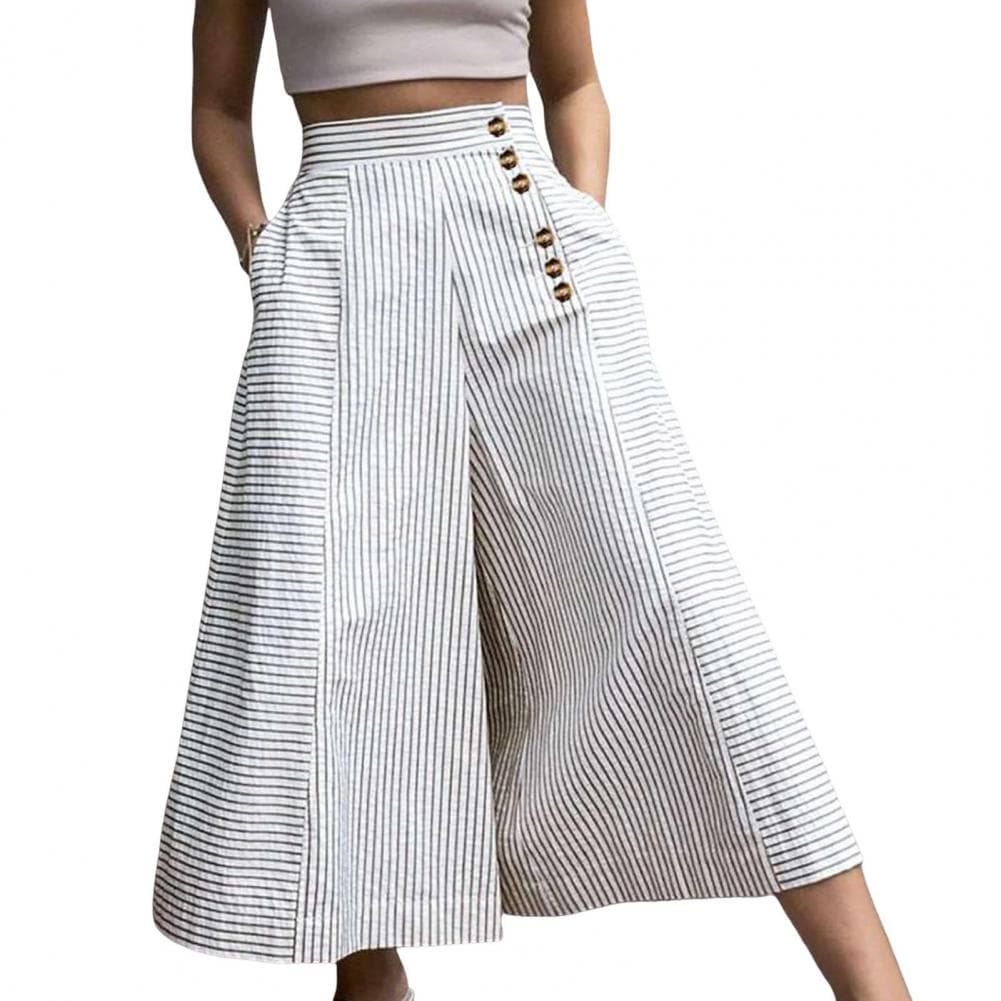 Striped Wide-leg Pants Striped Wide Leg Summer Pants for Women High Waist Trousers with Pockets Elastic Waist Loose for Everyday S white