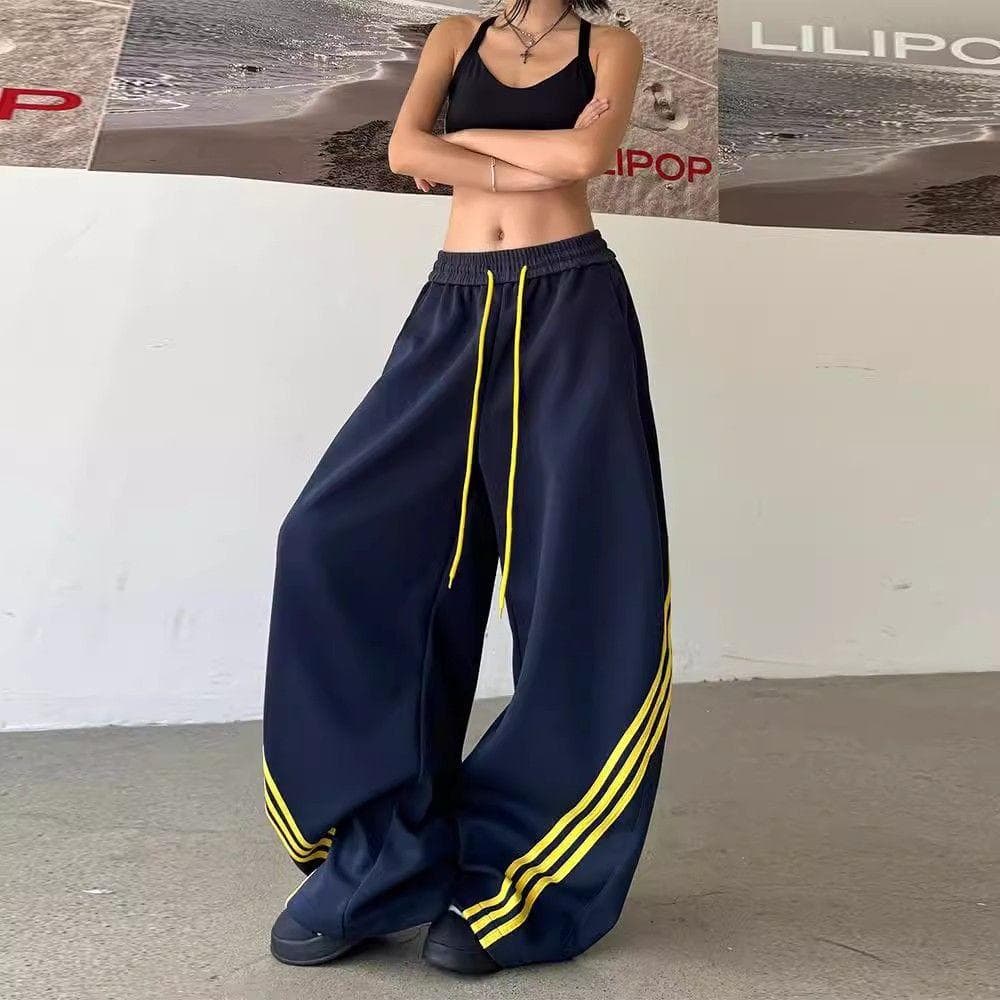 Street Striped Contrasting Wide-leg Pants, Wardrobe Pants, Men and Women, Retro Elastic Drawstring Draped Casual Sports Pants 2XL