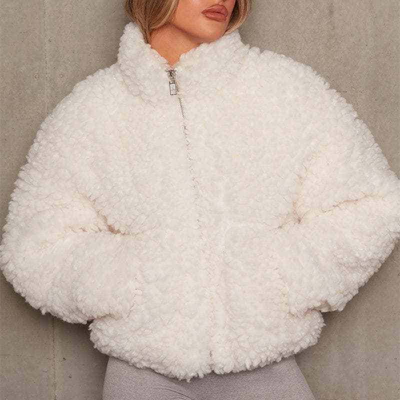 Winter Lamb Wool Short Coat For Women Thicken Warm Long Sleeve Turtleneck Jackets Fashion Streetwear Ladies Overcoat S ivory