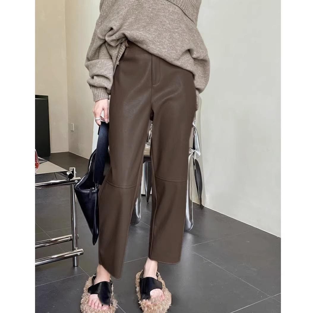 Soft Lambskin Loose Waist Elastic Small Straight and Loose Edge Nine-point All-match Leather Pants for Women Casual Pants L