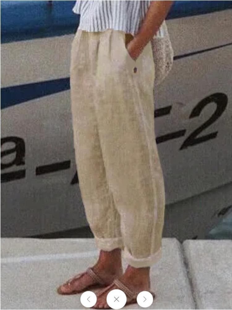 Cotton and Linen Straight Leg Pocket Casual Pants Women 2XL khaki