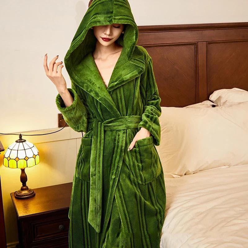 Flannel Long Robe Pajamas Set Retro Green Stripe Loungewear Hooded Bathrobe Luxury Thick Pijamas Suit Warm Coral Fleece Homewear M green