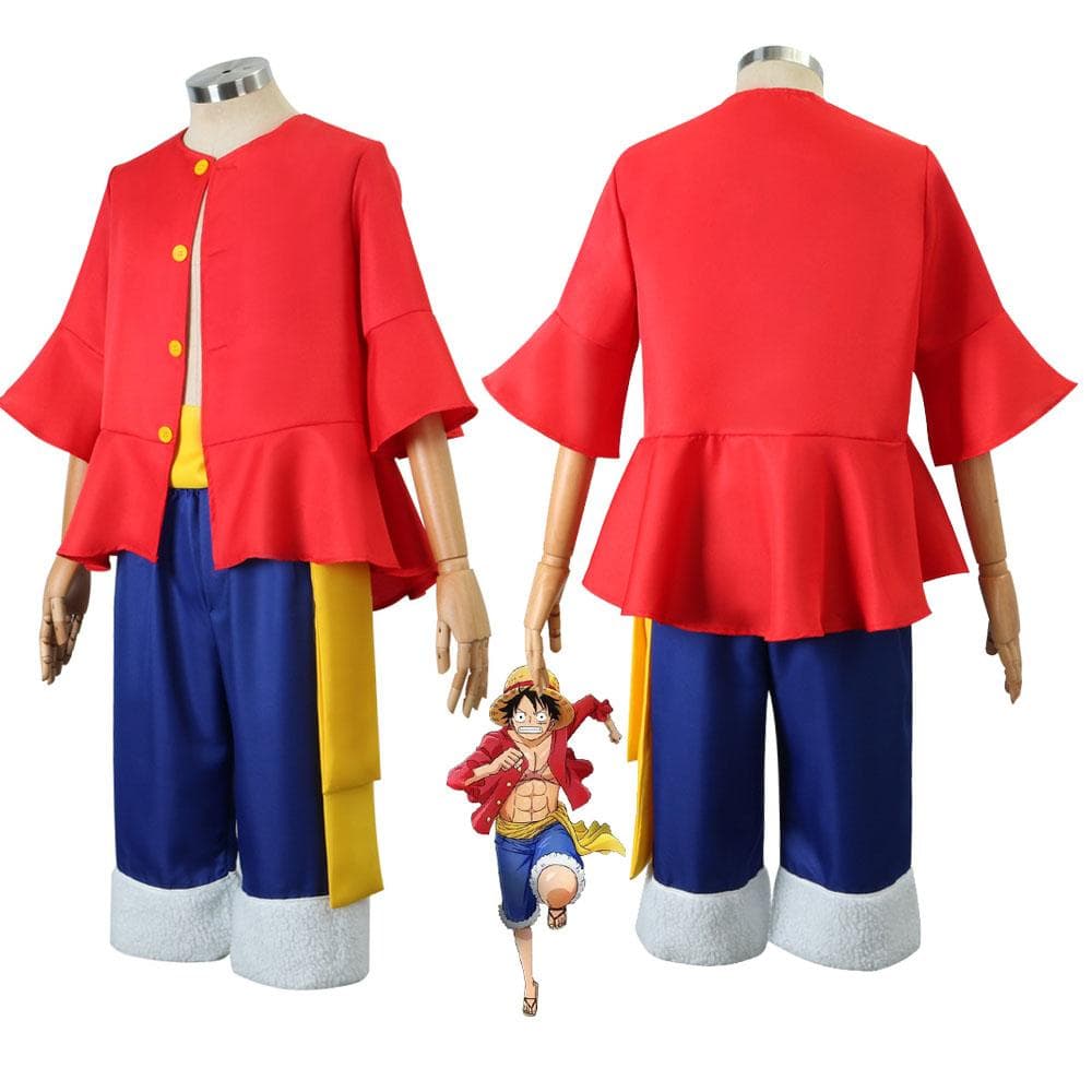 Anime Monkey D Luffy Cosplay Costume For Men New World Clothes Luffy Straw Halloween Party Uniform Outfits Top+Pants+Waistband S