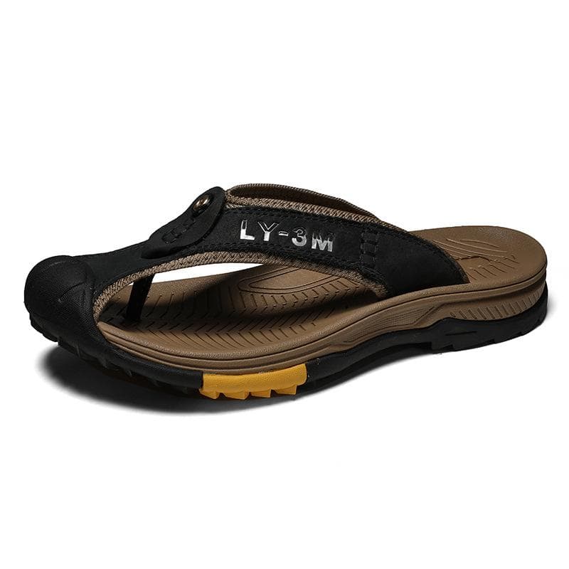 Genuine Cow Leather Shoes Men Sandals Mens Flip Flops Men's Casual Shoes Classic Massage Beach Slippers Anti-slip Summer 45 black