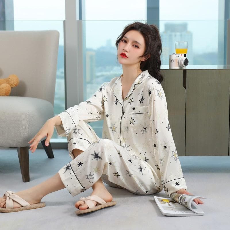 Star Long Sleeved Home Clothes Women's Loose Pajamas Trouser Suit Sexy Intimate Lingerie Casual Satin Silk Sleepwear Lounge Wear XL white