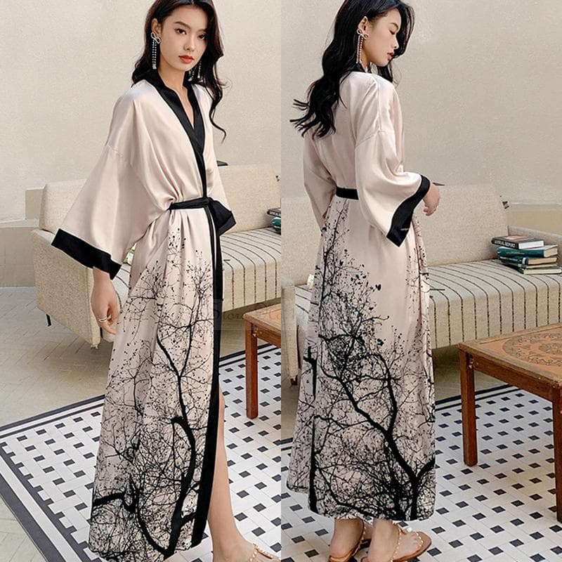 New Spring Summer Female Long Robe Nightgown Sexy Print Flower Kimono Bathrobe Gown Casual Silk Satin Home Dress Lounge Wear One Size
