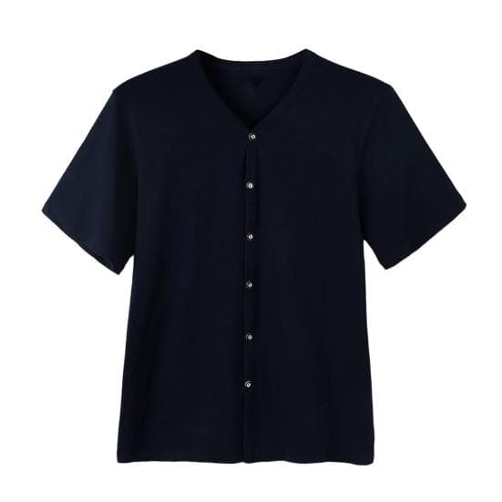 Men Button Down T-shirt Solid Color V-Neck Short Sleeve Tee Shirt Summer Casual Breathable Top for Daily Wear Street L navy blue