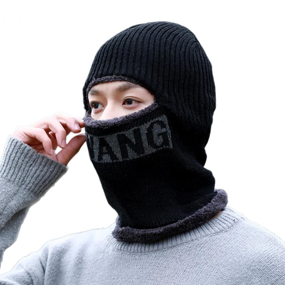 Men Winter Cycling Hat with Integrated Scarf Thick Warm Letter Print Windproof High Elasticity Full Outdoor Travel Co black
