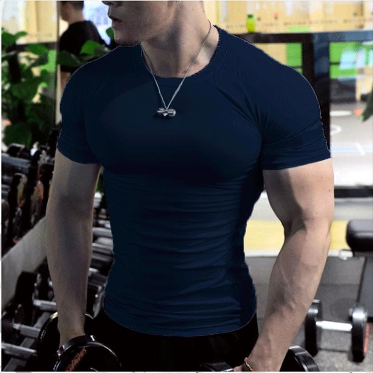Large Size Men's Summer Fashion Solid Sports T-Shirt Teenagers Short Sleeve Round Collar Top XL navy blue