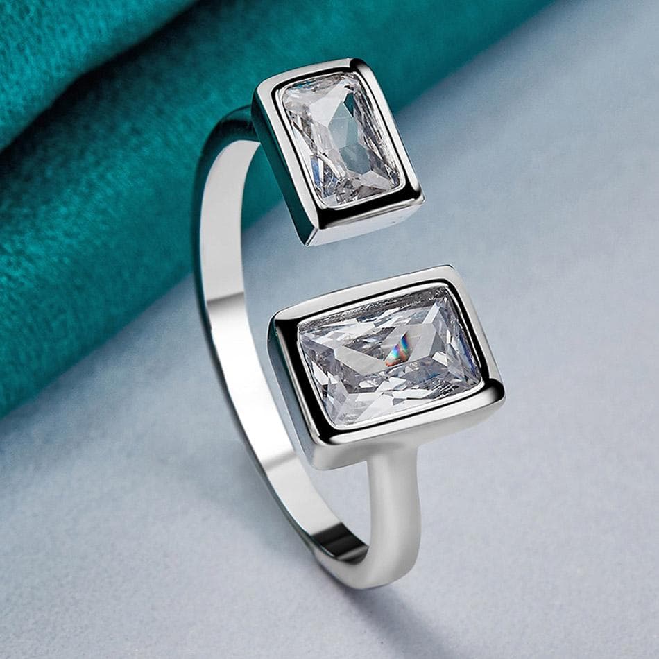 URMYLADY 925 Sterling Silver Double Square Zircon Open Ring For Women Wedding Party Charm Fine Jewelry Adjustable