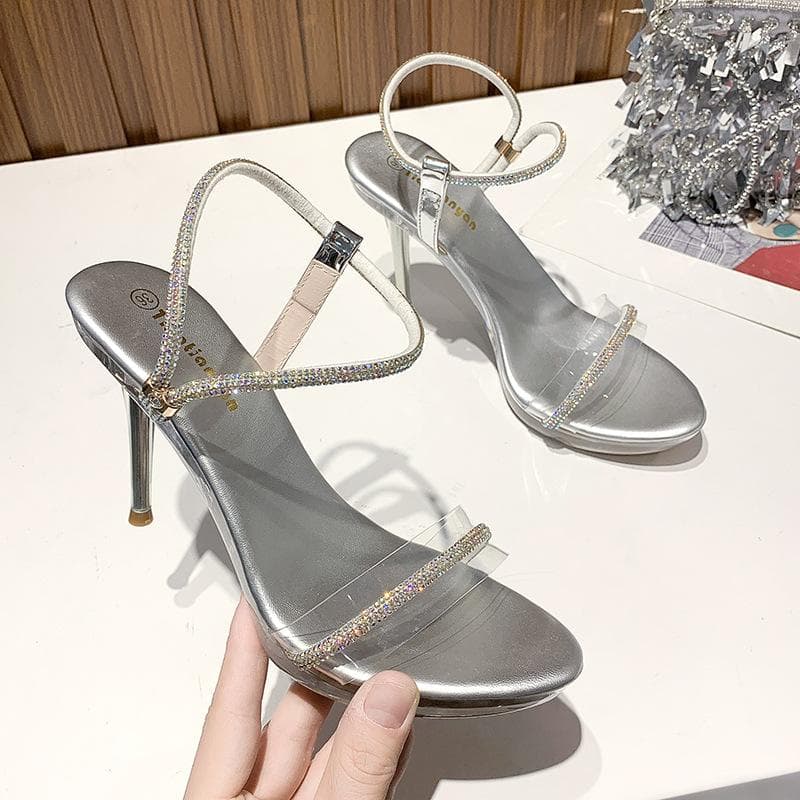 Spring Crystal New Pointed Toe Strap Stiletto Professional Sandals Super High Heel Fashion Wedding Women's Singles Shoes 40