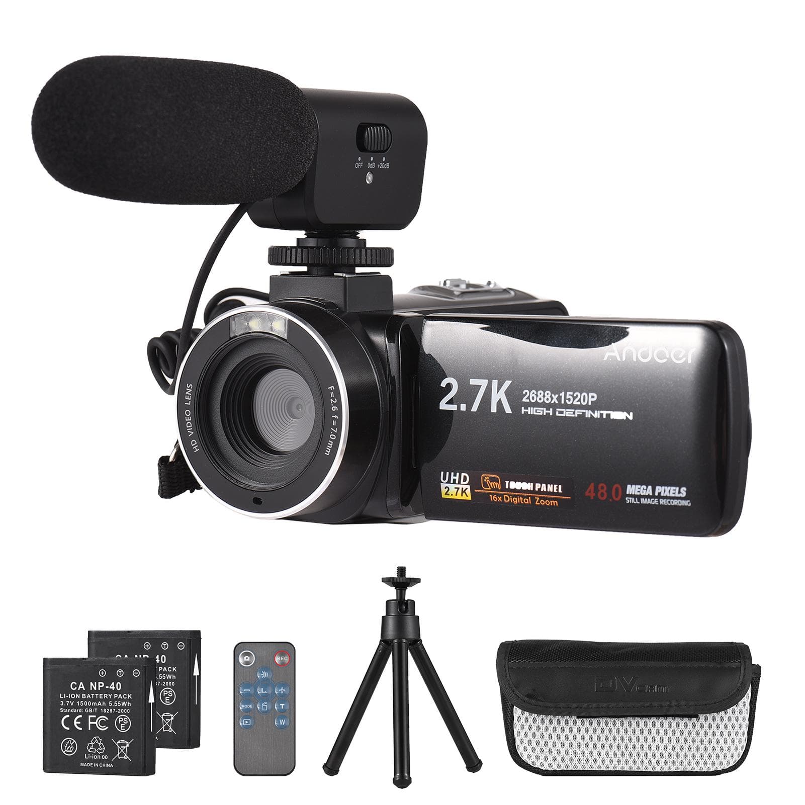 Andoer 2.7K Digital Video Camera Camcorder DV Recorder 48MP 16X Digital Zoom 3.0 Inch IPS Touch black